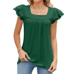 Solid Colour Lace Stitching Square Collar Petals Short Sleeve T-shirt Top Female - Green - View 1