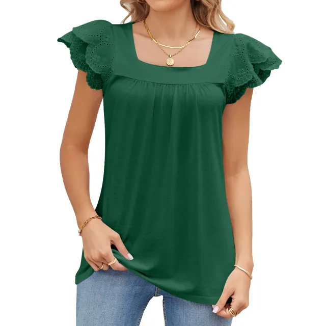 Solid Color Lace Stitching Square Collar Petals Short Sleeve T shirt Top Female Dark Green - Shop at LoveMi