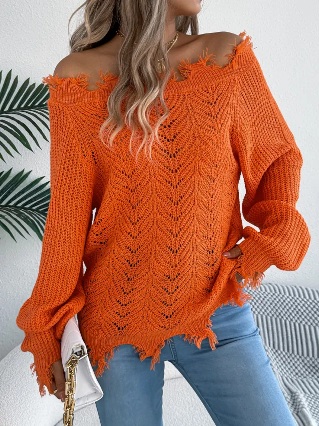 Hollow out Long sleeved Cut Off the shoulder Pullover Sweater Orange - Shop at LoveMi