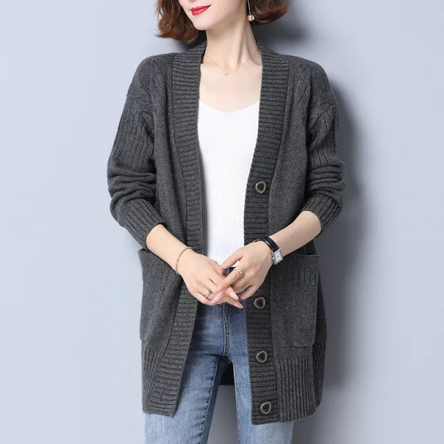 Women's Knitted Loose Mid length Sweater Cardigan Coat Gray - Shop at LoveMi
