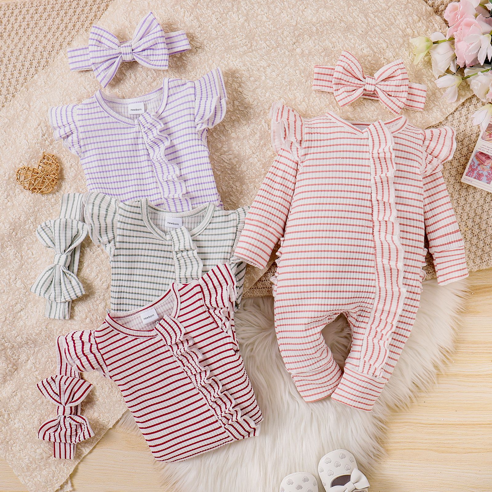 Girls' Suit Ruffled Striped Long-sleeved One-piece Trousers