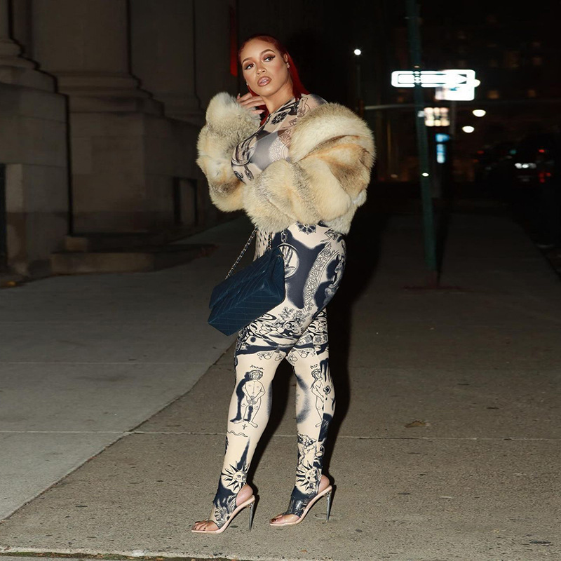 Women's Fashion Personality Street Digital Printing High Waist Tight Trousers Suit