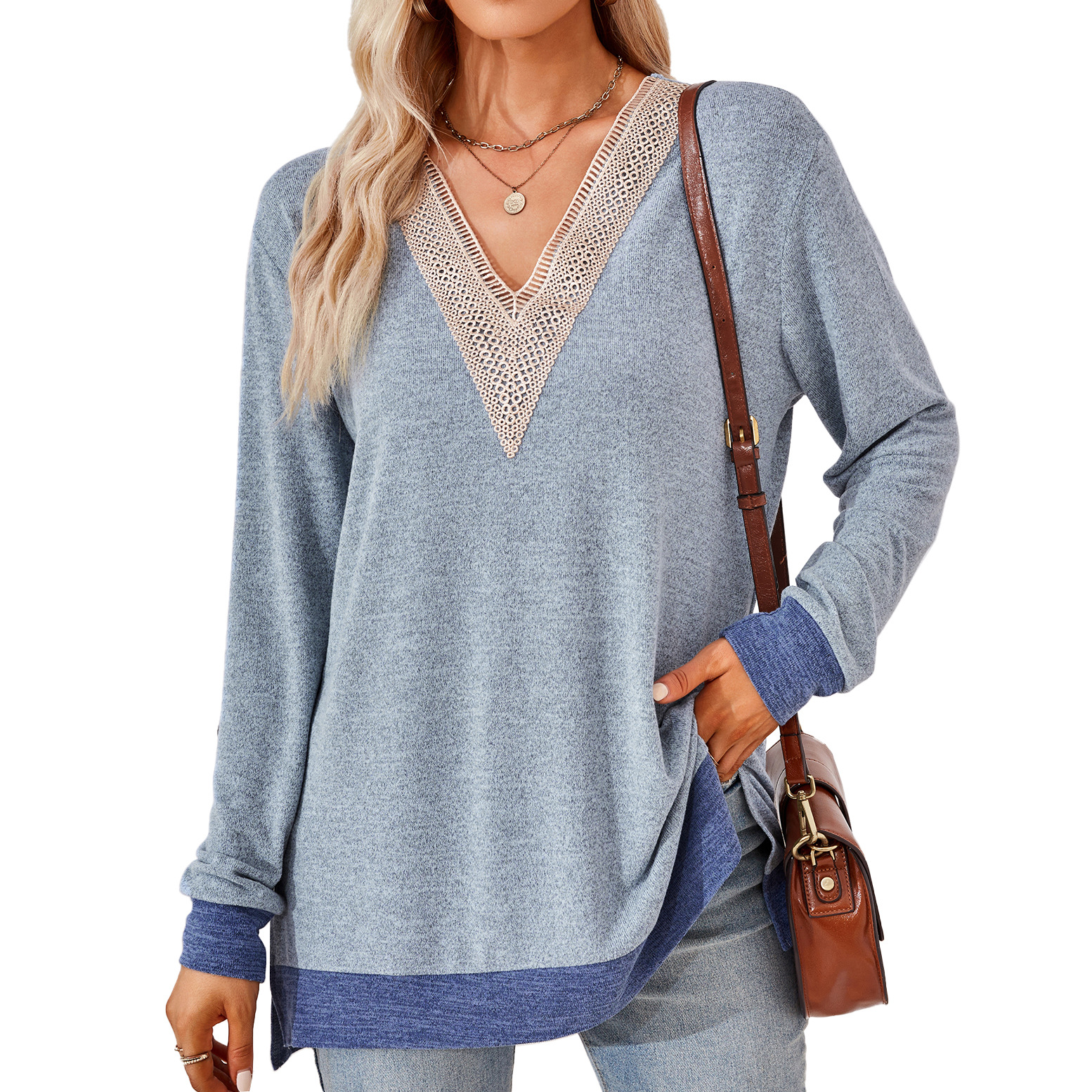 Women's Fashion V neck Lace Solid Color Loose fitting T shirt Top Light Blue - Shop at LoveMi