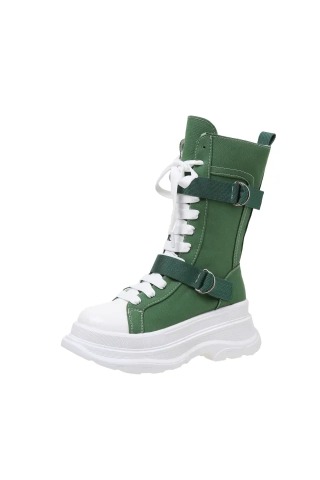 Women's Fashion Casual Platform Lace up Canvas Boots Green - Shop at LoveMi