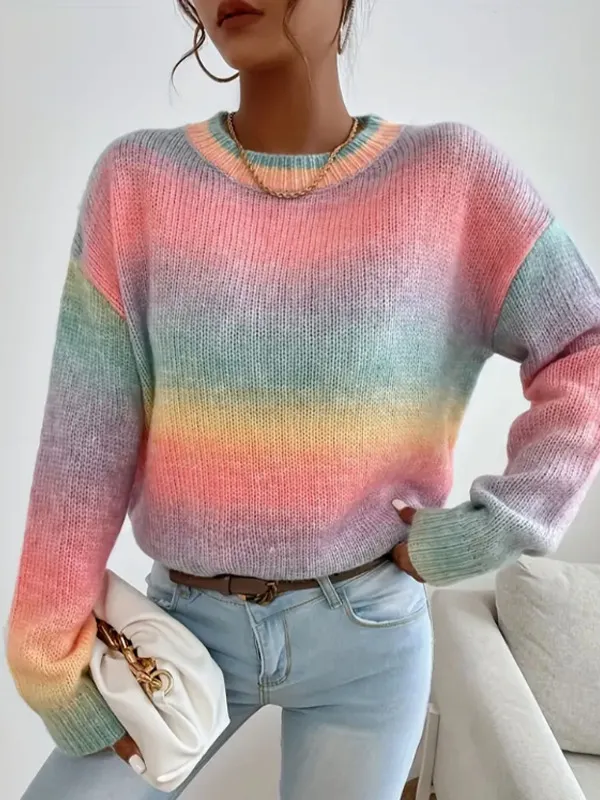 Stitching Contrast Color Knitted Sweater Fashion Pullover Round Neck Gradient Rainbow Striped Top - Pink
