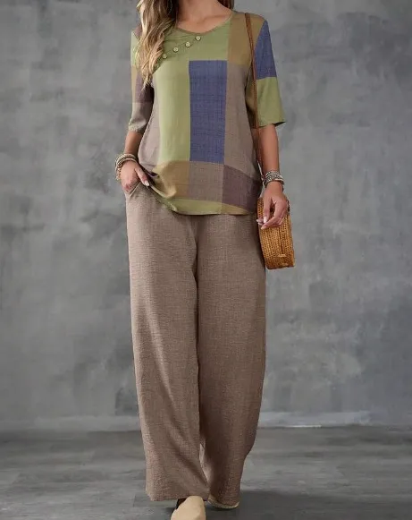 Woven Geometric Printed Top Solid Color Pants Fashion Casual Set Brown - Shop at LoveMi