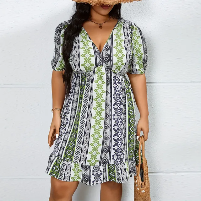 European And American Style Floral V neck Plus Size Short Sleeve Dress Floral - Shop at LoveMi