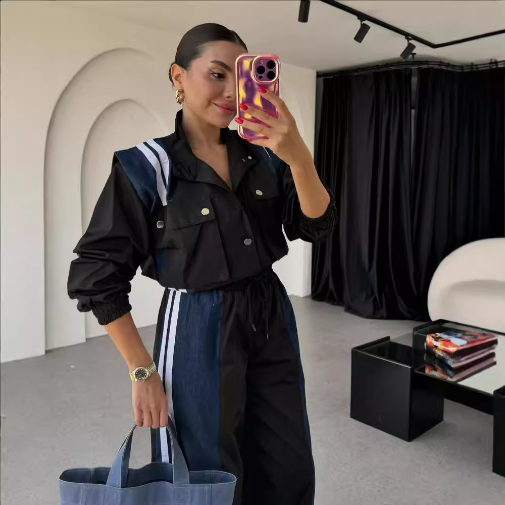 Niche Design Denim Patchwork Stripes Overall Suit