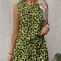 Womens Fashionable Trendy Casual Leopard-Print Crew-Neck Tank Top Set - Yellow - View 1
