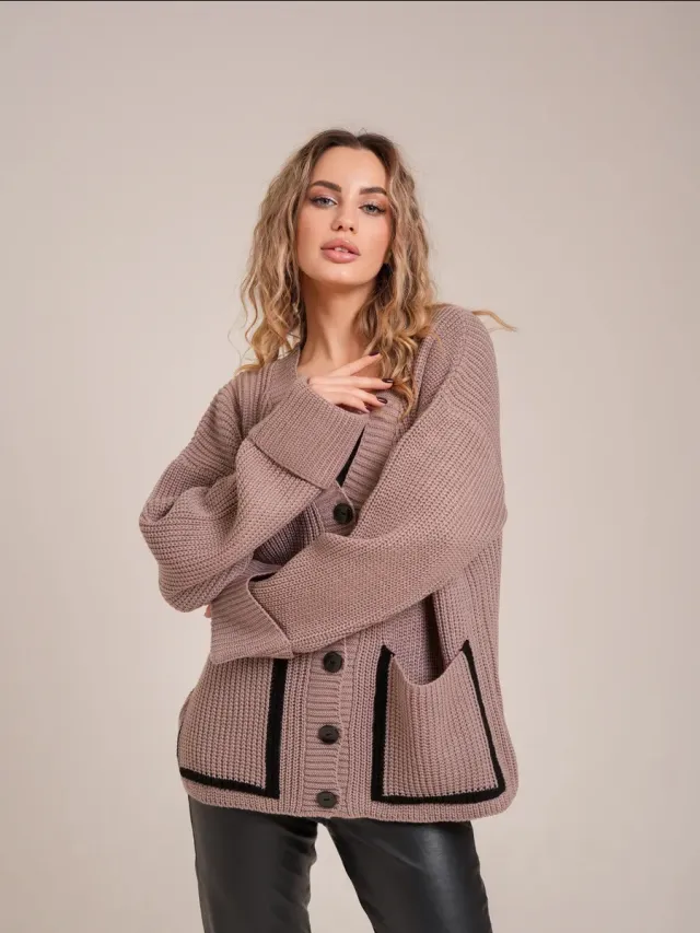 Loose fitting V neck Pocket Contrast Color Knitted Cardigan Sweater Coat Camel - Shop at LoveMi