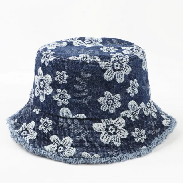 Flower Embroidered Denim Bucket Hat Korean Washed out Distressed Dark Blue - Shop at LoveMi