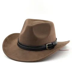 Belt Decoration Suede Curling Western Cowboy Hat Top Hat - Coffee - View 1