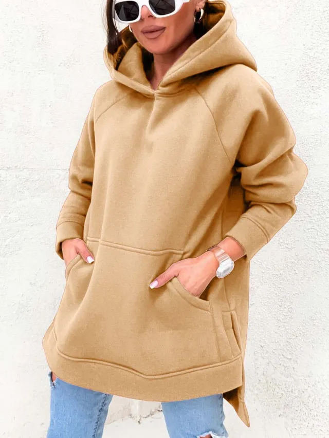 Women's Solid Color Hooded Casual Loose Sweater Khaki - Shop at LoveMi