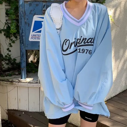 Women's Long Sleeve V neck Printed Loose Sweatshirt Korean Style Blue - Shop at LoveMi