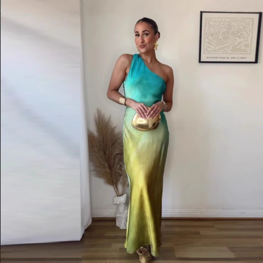 Women's Asymmetric Silk Satin Texture Backless Fashion Dress