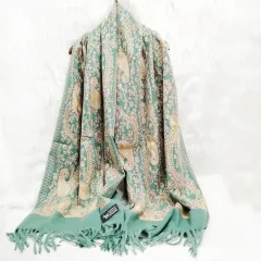 Cashmere Gold Cashew Scarf Embroidered Ethnic Style - Dark Green - View 1