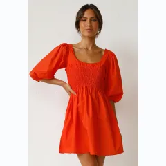 Solid Color U Collar Fitted Waist Sweet Short Dress - Red - View 1