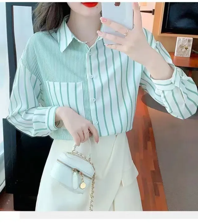 Summer Temperament Polo Collar Slim fit Long Sleeve Chiffon Shirt Green Long Sleeves - Shop at LoveMi