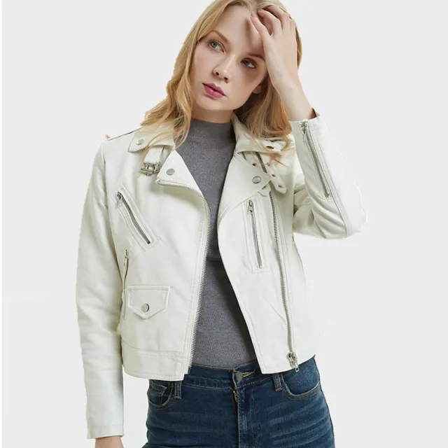 European And American Women's Short PU Motorcycle Jacket White - Shop at LoveMi