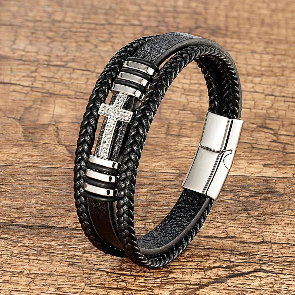 Metal Cross Multi-layer Leather Bracelet - Silver