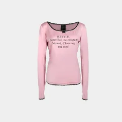 Lace Edge Letter Printing Round Neck Long Sleeve Top - Pink - View 1