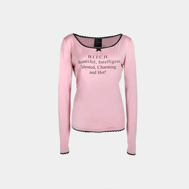 Lace Edge Letter Printing Round Neck Long Sleeve Top Pink - Shop at LoveMi