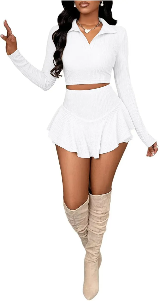 Fashion Solid Color Short Navel Ruffled Pearl Skirt Skirt Suit White - Shop at LoveMi