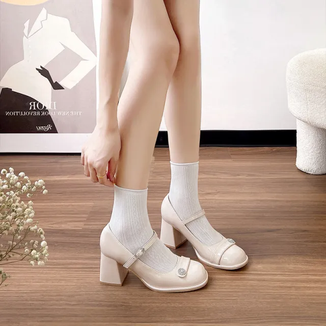 Women's Chunky Heel Round Toe Large Size Fat Feet Wide High Heels Apricot - Shop at LoveMi