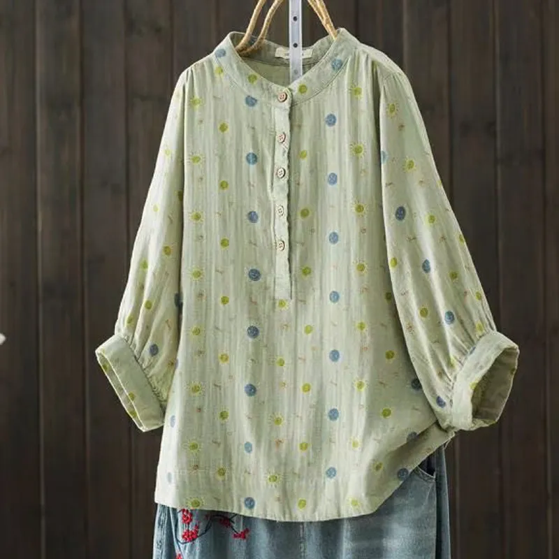 Double-layer Cotton Yarn Shirt Floral Stand Collar Loose - Bean Green