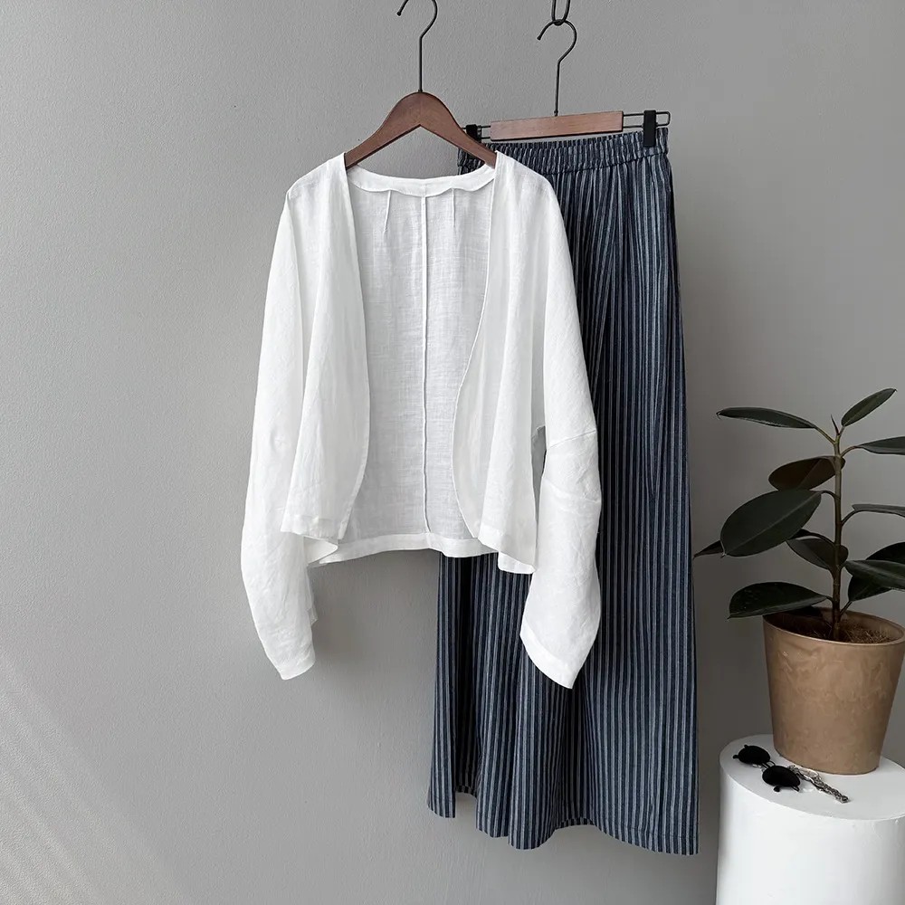 Artistic Retro Ramie Long-sleeved Loose All-match Sun Protection Shirt Top - White