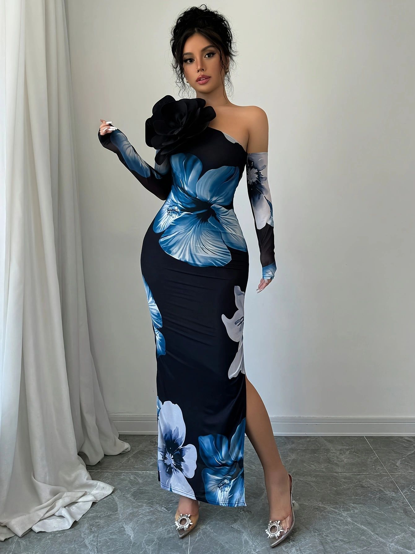 Women's One shoulder Floral print Mesh Maxi Dress Floral - Shop at LoveMi