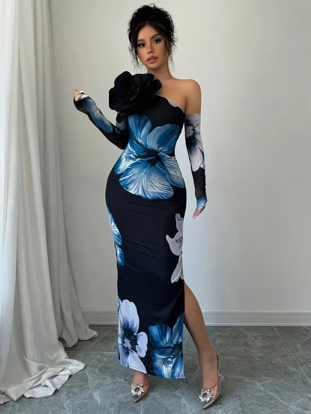 Women's One shoulder Floral print Mesh Maxi Dress Floral - Shop at LoveMi