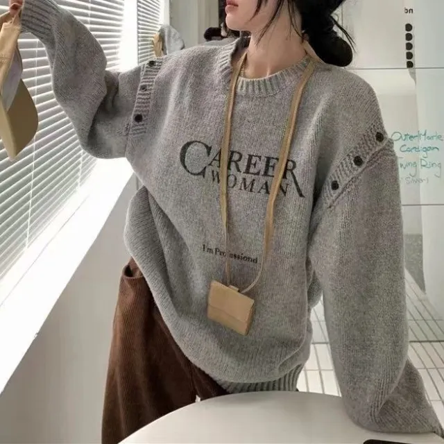 New Off the shoulder Letter Splicing Fashion Long Sleeve Knitted Women's Clothing Gray - Shop at LoveMi