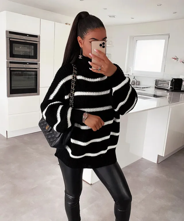 Loose Striped Mock neck Contrast Color Knitwear Pullover Sweater Black - Shop at LoveMi