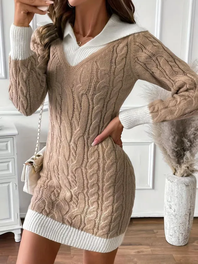 Ladies' Fashionable Knitted Short Dress Khaki - Shop at LoveMi