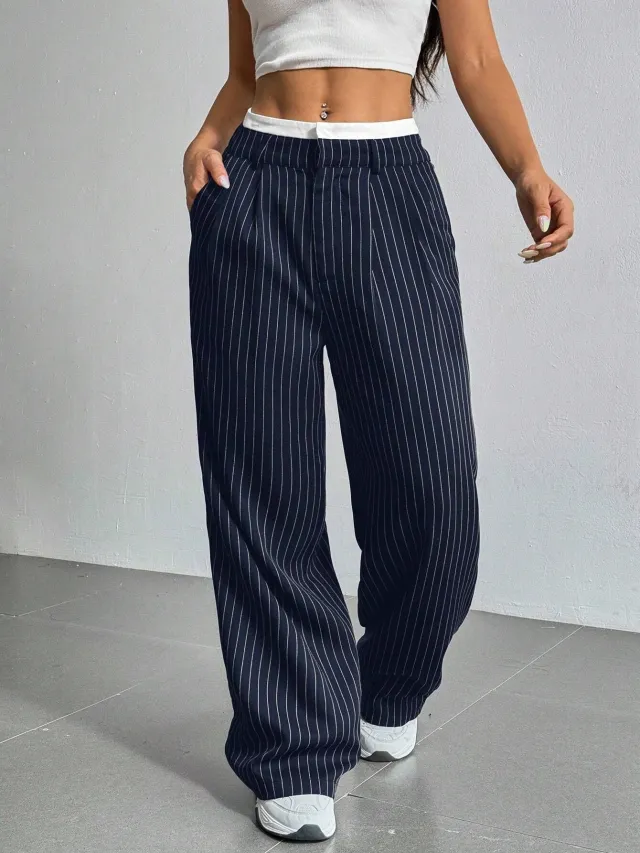 Stripe Printed Trousers Fashion High Waist Straight Leg Pants With Pocket Zipper Casual Suit Pants For Women Navy Blue - Shop at LoveMi