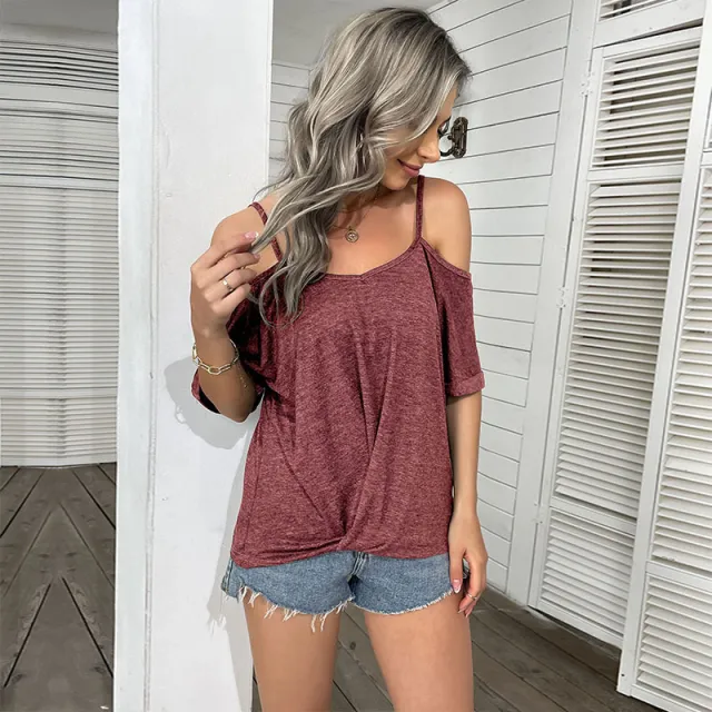 Summer New European And American Style Casual Women's Wear Solid Color Off the shoulder T shirt Rose - Shop at LoveMi