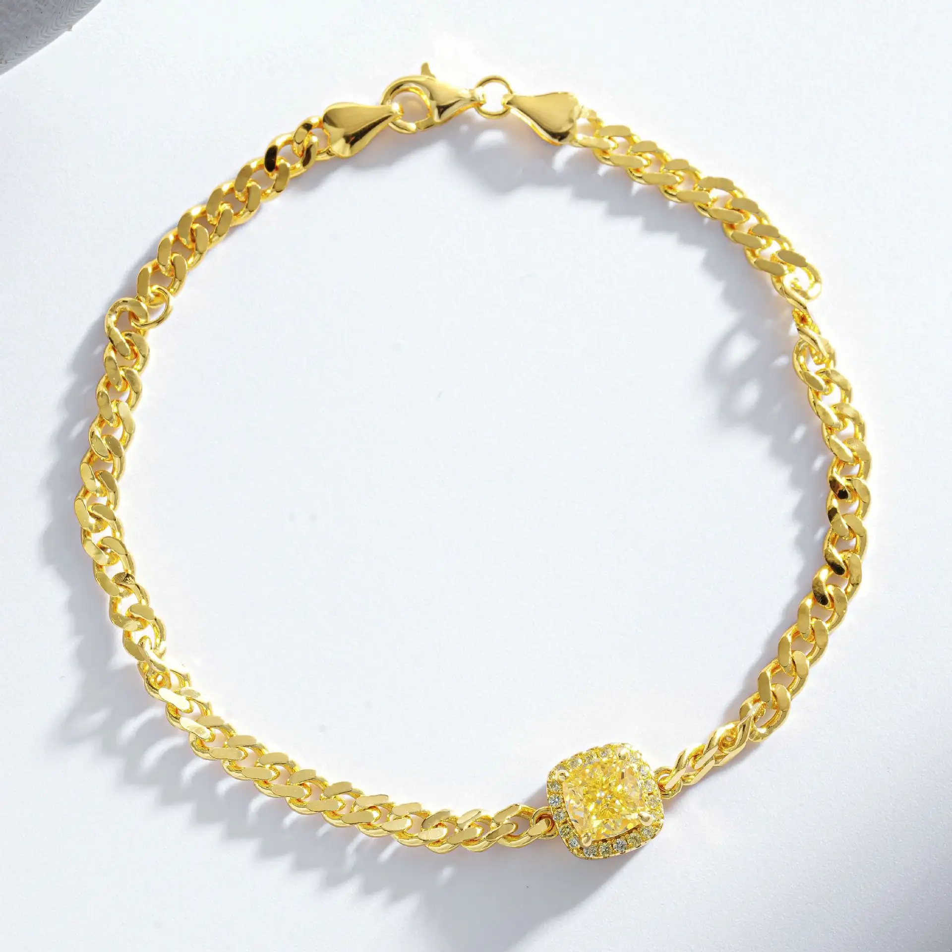 S925 Sterling Silver Bracelet For Women Bubble Design With Yellow Diamonds Cuban Style