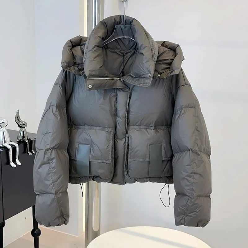New Hooded Loose Slimming And Fashionable White Duck Down Bread Coat - Gray