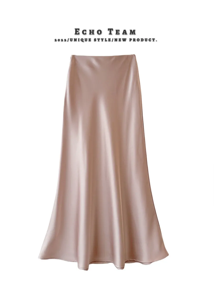 High Waist Slimming Mid-length Satin Acetate Silky Skirt - Pink