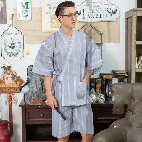 Japanese Men's Home Summer Jacquard Bathrobe