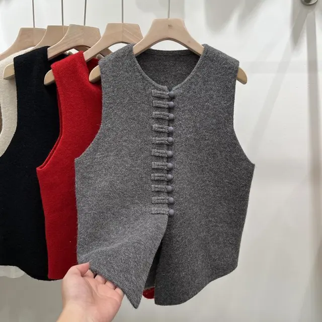 Knitted Vest Western Style Minimalist Sleeveless Button Top Gray - Shop at LoveMi