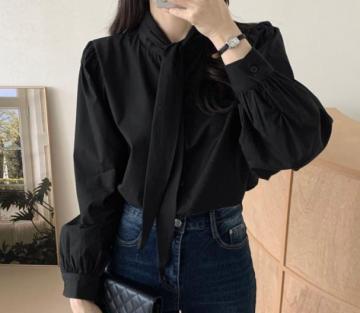 Spring New Gentle Lace-up Bow Tie Design Puff Sleeve Solid Color Shirt For Women