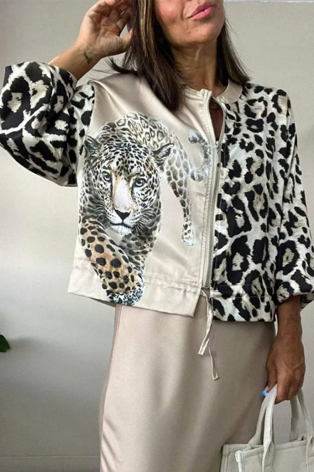 Women's Fashion Loose Print Zip Up Jacket White - Shop at LoveMi