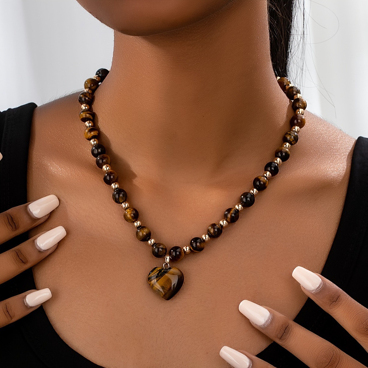 Natural Stone Tiger Eye Heart Pendant Necklace