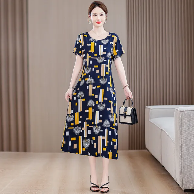 Plus Size Women's Clothes Short Sleeve Cotton Floral Dress Dark Blue Pachira Macrocarpa - Shop at LoveMi