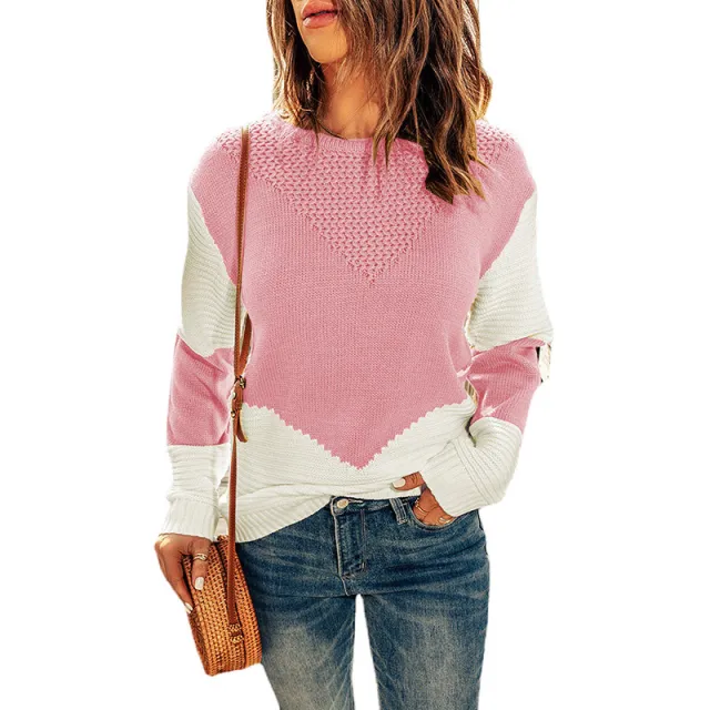 European And American Knitted Top Women's Autumn And Winter Clothing New Round Neck Contrast Color Bottoming Shirt Pink - Shop at LoveMi
