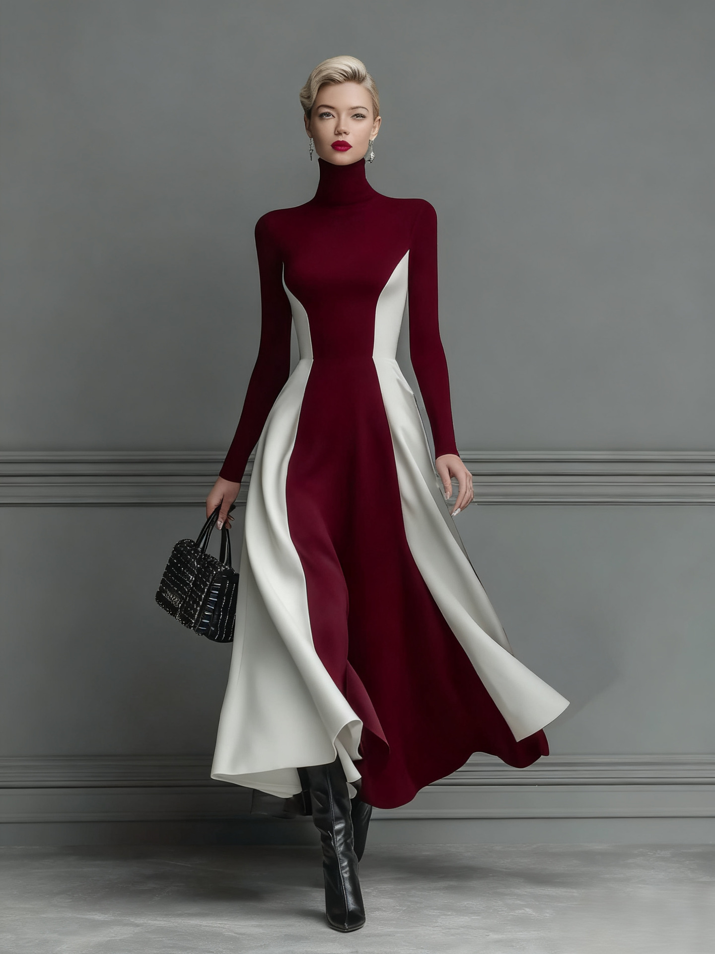 Color Block Knitted Turtleneck Elegant Long Sleeve Slim Fit Dress Red - Shop at LoveMi