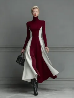 Color-Block Knitted Turtleneck Elegant Long-Sleeve Slim-Fit Dress - Red - View 1