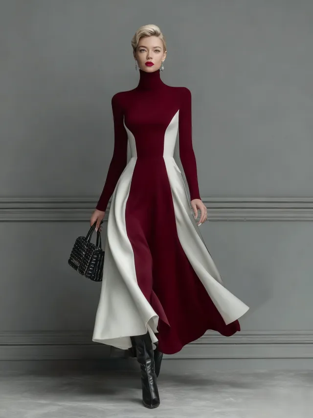 Color Block Knitted Turtleneck Elegant Long Sleeve Slim Fit Dress Red - Shop at LoveMi